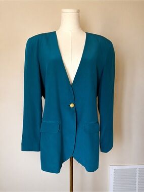 Vintage Silk Land 100% Silk Teal Longline Blazer Jacket Gold Button M 80s 90s